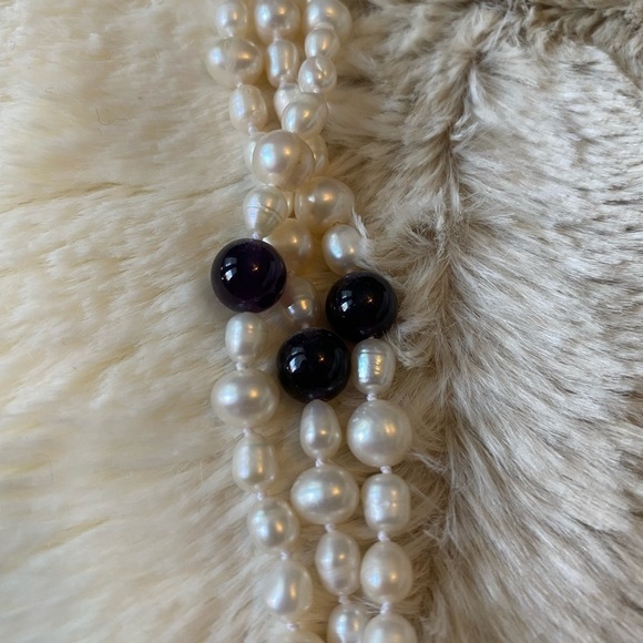 Triple strand cultured pearl & lapis necklace 20” classic old money timeless - Picture 11 of 13